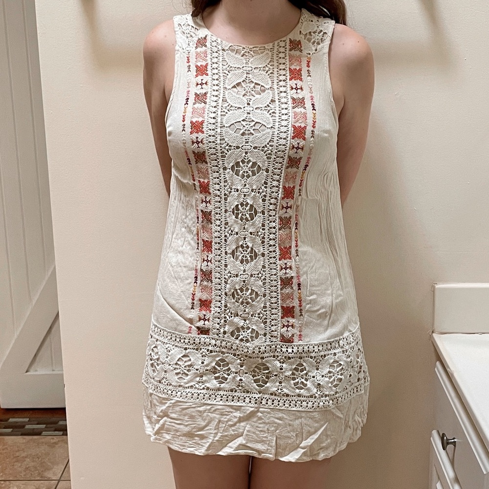 Cream Coco + Jaimeson Boho Mini Tank Swing Dress with Embroidery and Lace